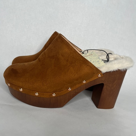 NWT Clog Faux Fur Lined Clog Heels Mule Slip On Mules Shoes Chunky Heel - Picture 3 of 7